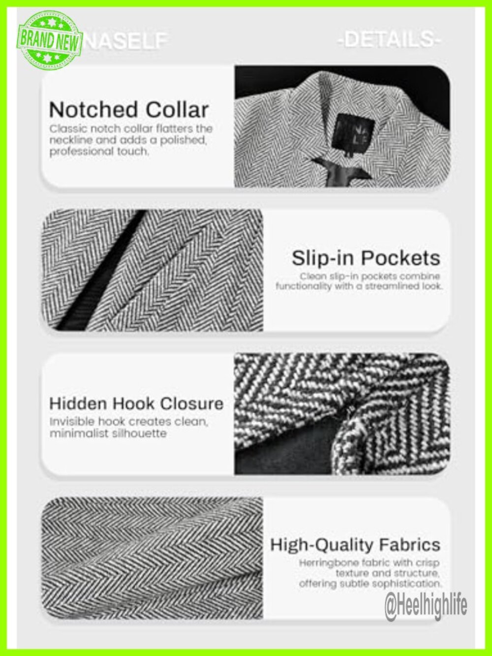 Fully Lined Herringbone Tweed Blazer Jacket Open Front Work Office Coat - Picture 5 of 6